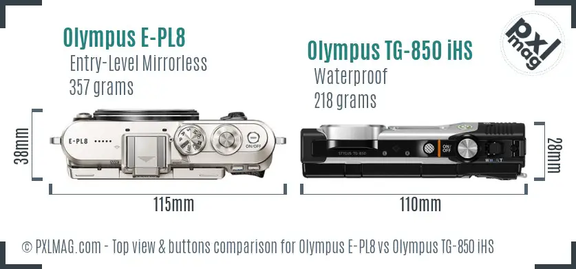 Olympus E-PL8 vs Olympus TG-850 iHS top view buttons comparison