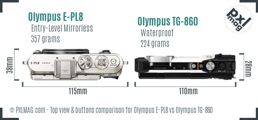 Olympus E-PL8 vs Olympus TG-860 top view buttons comparison