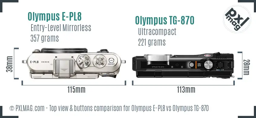 Olympus E-PL8 vs Olympus TG-870 top view buttons comparison