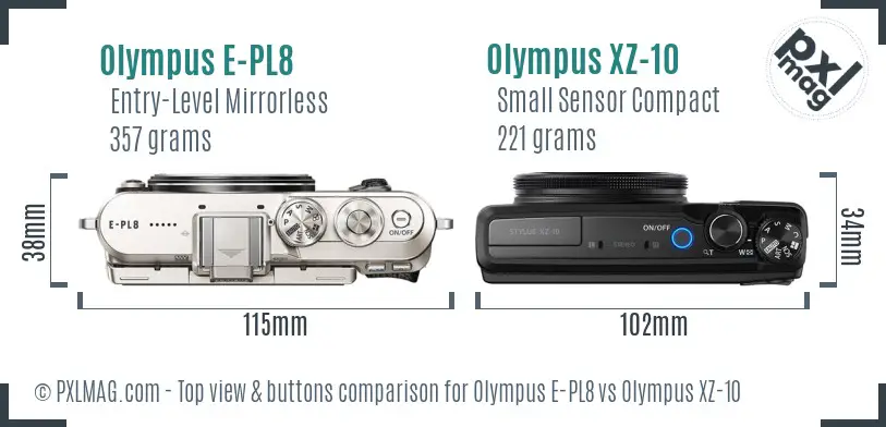 Olympus E-PL8 vs Olympus XZ-10 top view buttons comparison