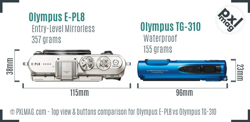 Olympus E-PL8 vs Olympus TG-310 top view buttons comparison