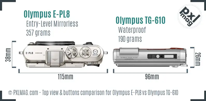 Olympus E-PL8 vs Olympus TG-610 top view buttons comparison