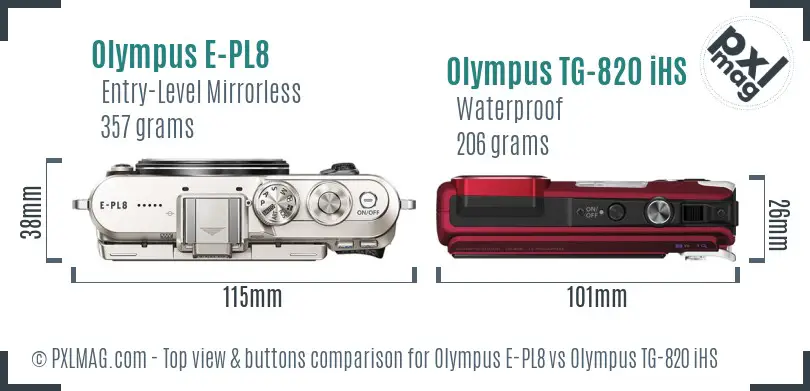 Olympus E-PL8 vs Olympus TG-820 iHS top view buttons comparison