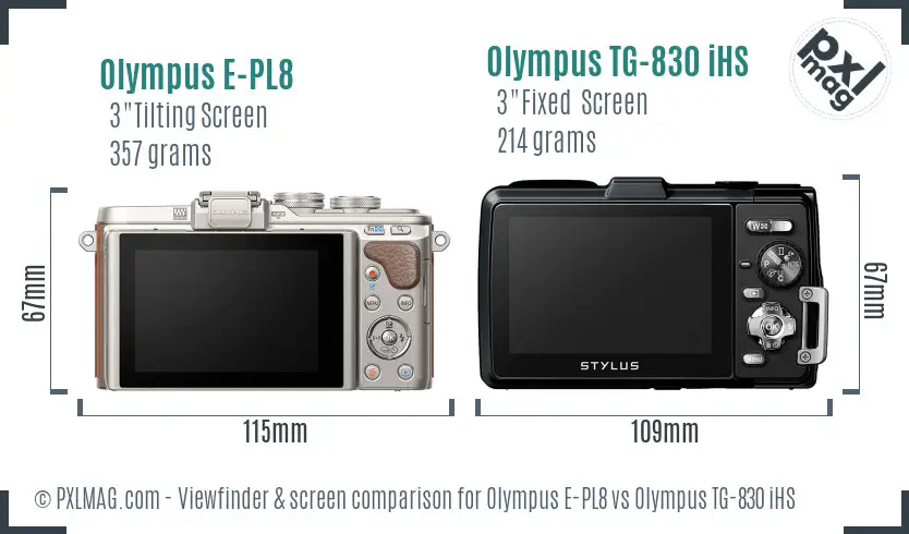 Olympus E-PL8 vs Olympus TG-830 iHS Screen and Viewfinder comparison