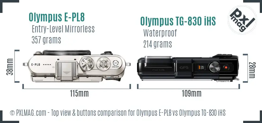 Olympus E-PL8 vs Olympus TG-830 iHS top view buttons comparison