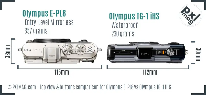 Olympus E-PL8 vs Olympus TG-1 iHS top view buttons comparison