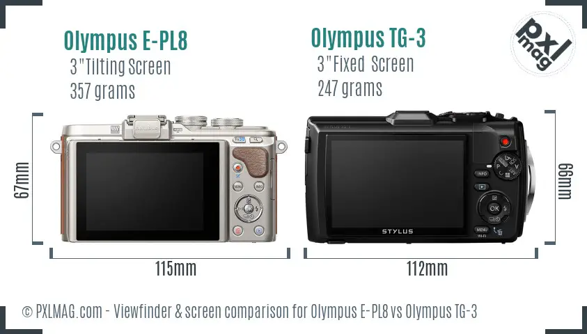 Olympus E-PL8 vs Olympus TG-3 Screen and Viewfinder comparison