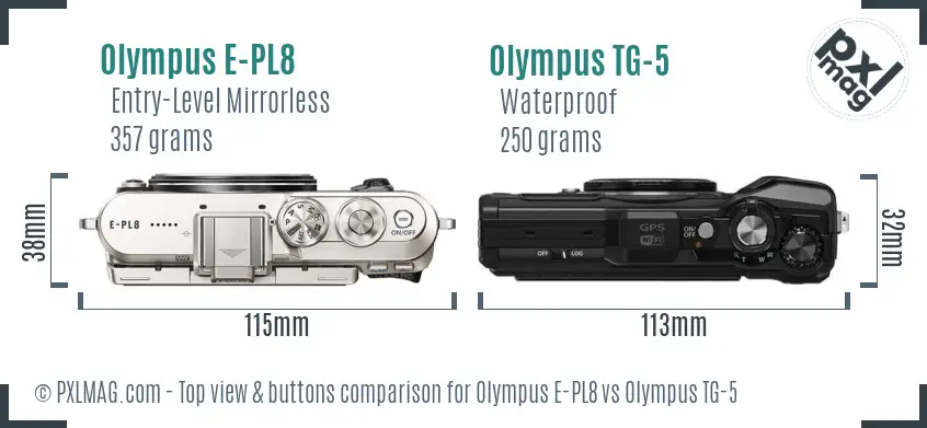 Olympus E-PL8 vs Olympus TG-5 top view buttons comparison