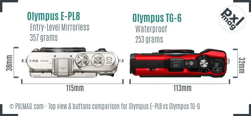 Olympus E-PL8 vs Olympus TG-6 top view buttons comparison