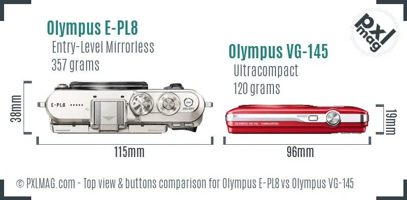 Olympus E-PL8 vs Olympus VG-145 top view buttons comparison