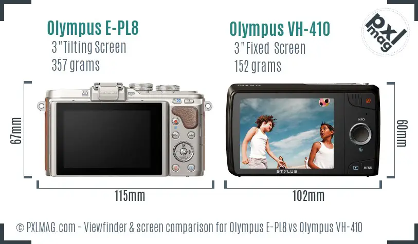 Olympus E-PL8 vs Olympus VH-410 Screen and Viewfinder comparison