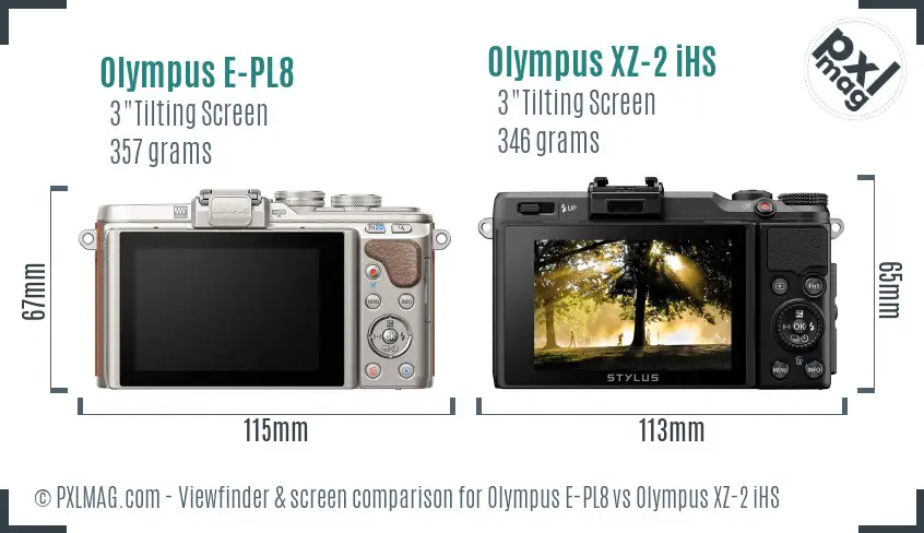 Olympus E-PL8 vs Olympus XZ-2 iHS Screen and Viewfinder comparison