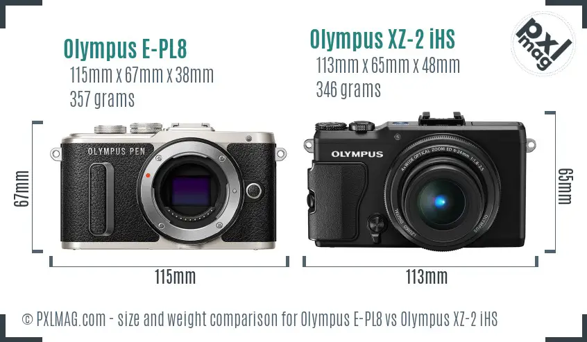 Olympus E-PL8 vs Olympus XZ-2 iHS size comparison