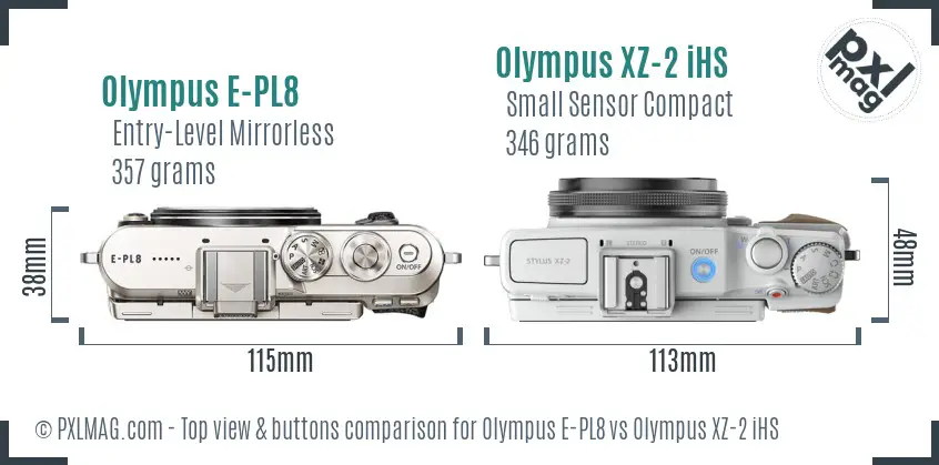 Olympus E-PL8 vs Olympus XZ-2 iHS top view buttons comparison