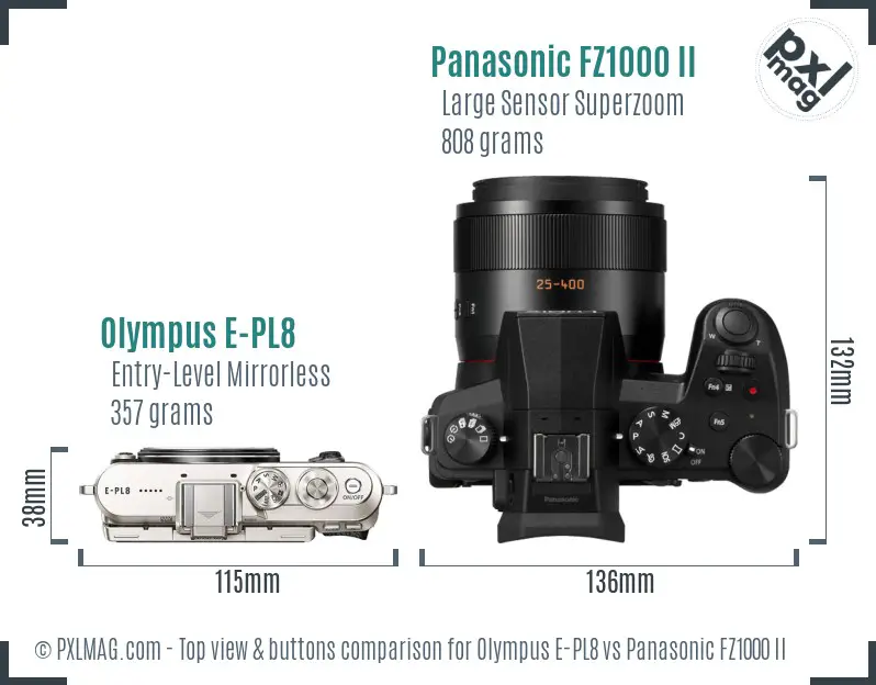 Olympus E-PL8 vs Panasonic FZ1000 II top view buttons comparison