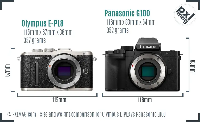 Olympus E-PL8 vs Panasonic G100 size comparison