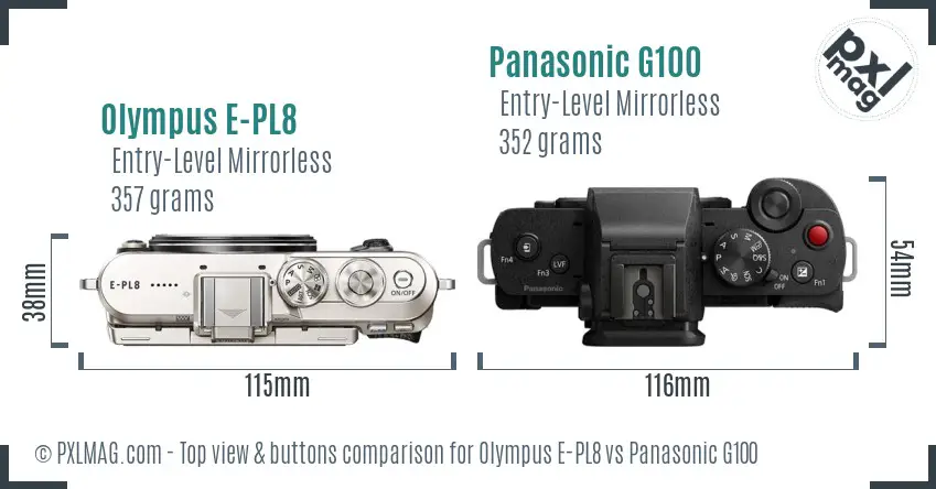 Olympus E-PL8 vs Panasonic G100 top view buttons comparison