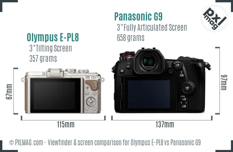 Olympus E-PL8 vs Panasonic G9 Screen and Viewfinder comparison
