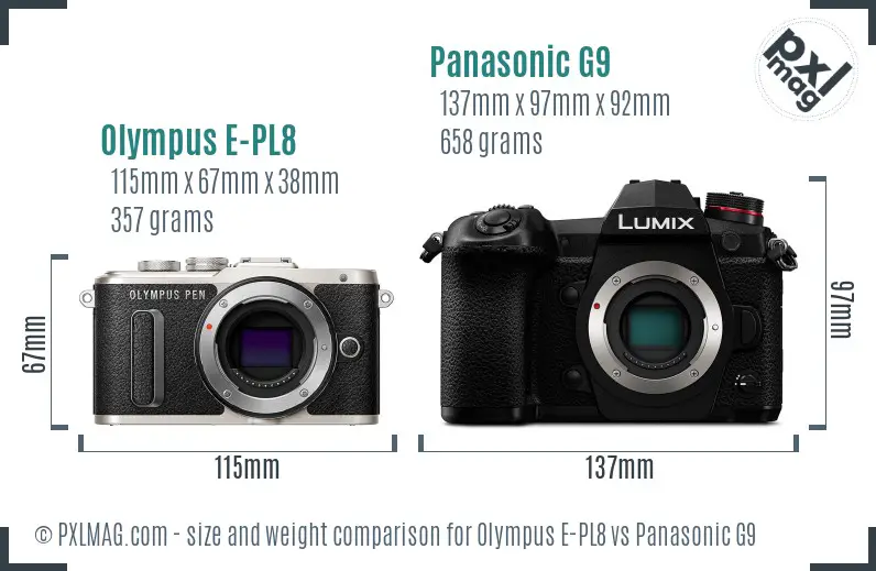 Olympus E-PL8 vs Panasonic G9 size comparison