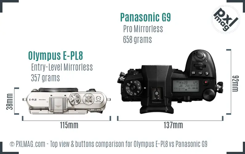 Olympus E-PL8 vs Panasonic G9 top view buttons comparison