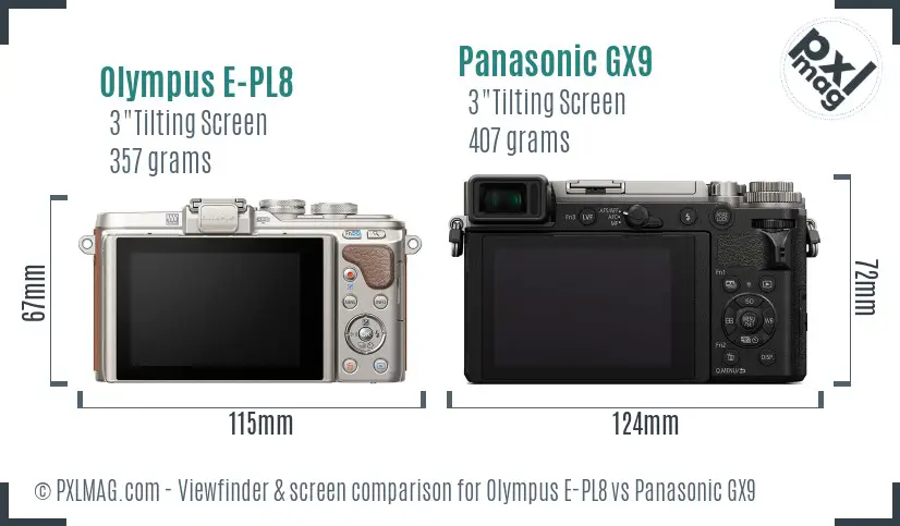 Olympus E-PL8 vs Panasonic GX9 Screen and Viewfinder comparison