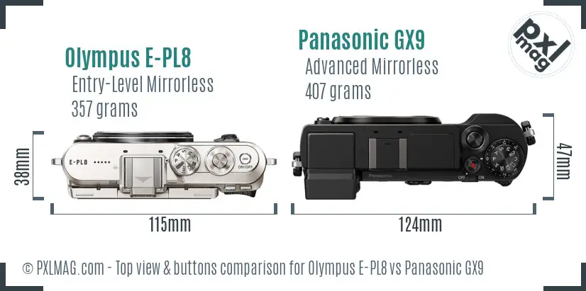 Olympus E-PL8 vs Panasonic GX9 top view buttons comparison