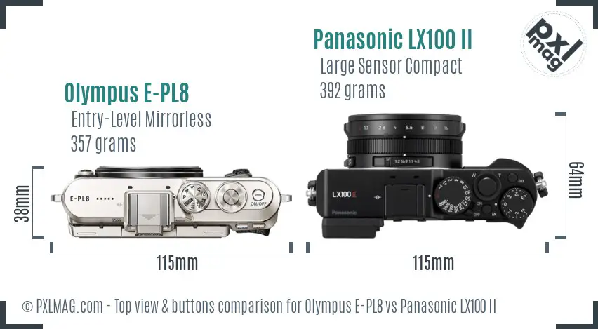 Olympus E-PL8 vs Panasonic LX100 II top view buttons comparison