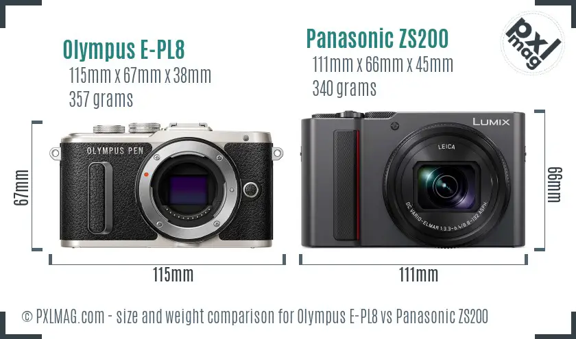 Olympus E-PL8 vs Panasonic ZS200 size comparison