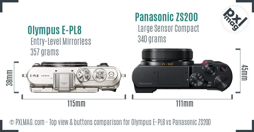 Olympus E-PL8 vs Panasonic ZS200 top view buttons comparison