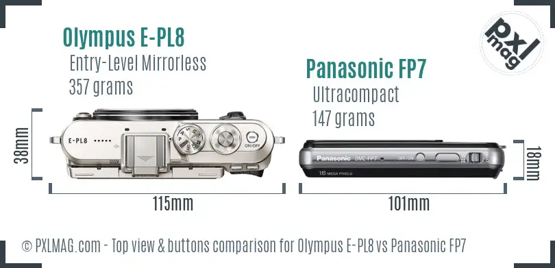 Olympus E-PL8 vs Panasonic FP7 top view buttons comparison