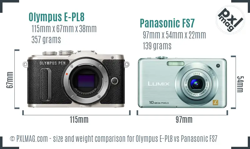 Olympus E-PL8 vs Panasonic FS7 size comparison