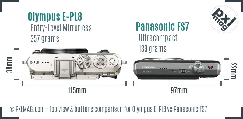 Olympus E-PL8 vs Panasonic FS7 top view buttons comparison