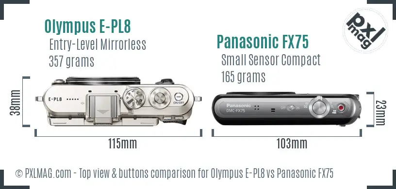 Olympus E-PL8 vs Panasonic FX75 top view buttons comparison