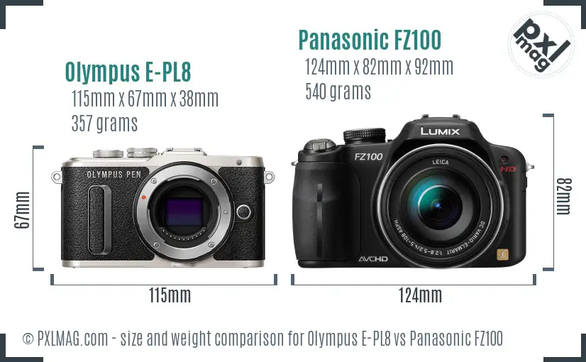 Olympus E-PL8 vs Panasonic FZ100 size comparison