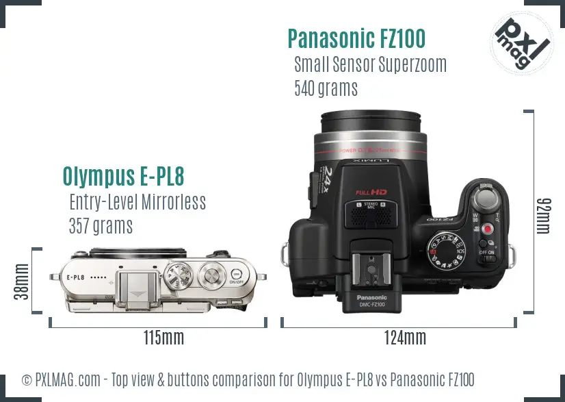 Olympus E-PL8 vs Panasonic FZ100 top view buttons comparison