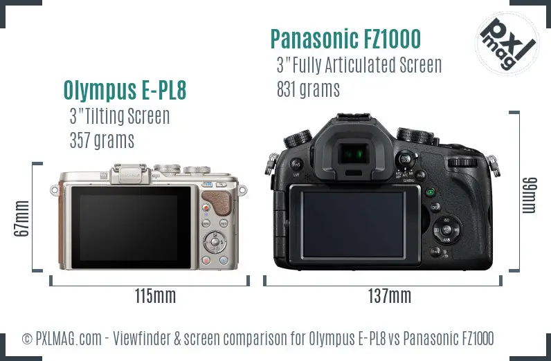 Olympus E-PL8 vs Panasonic FZ1000 Screen and Viewfinder comparison