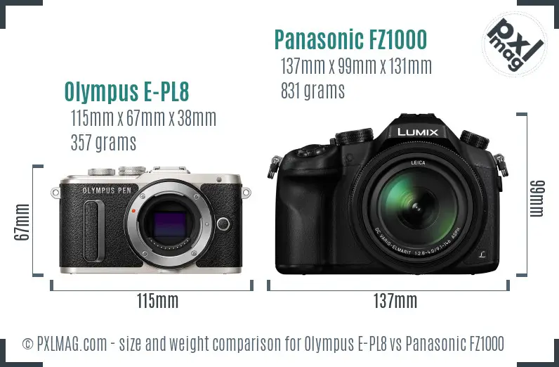 Olympus E-PL8 vs Panasonic FZ1000 size comparison