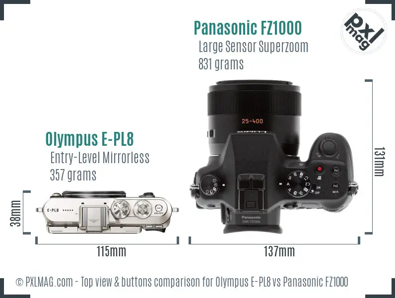 Olympus E-PL8 vs Panasonic FZ1000 top view buttons comparison