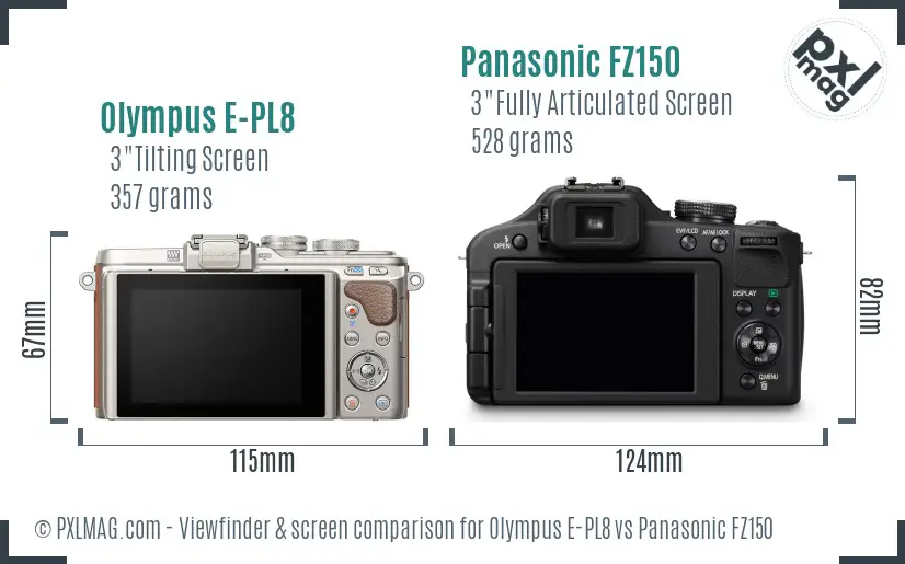 Olympus E-PL8 vs Panasonic FZ150 Screen and Viewfinder comparison
