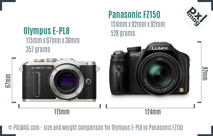 Olympus E-PL8 vs Panasonic FZ150 size comparison