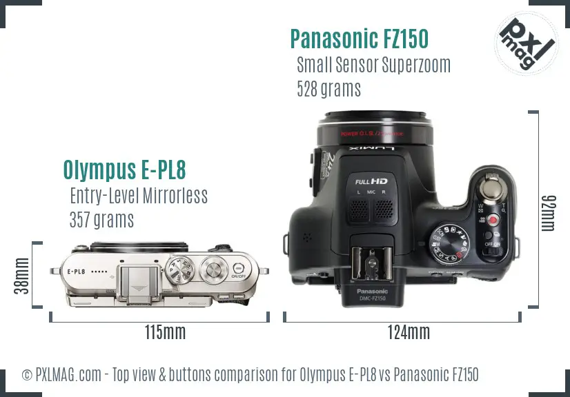 Olympus E-PL8 vs Panasonic FZ150 top view buttons comparison
