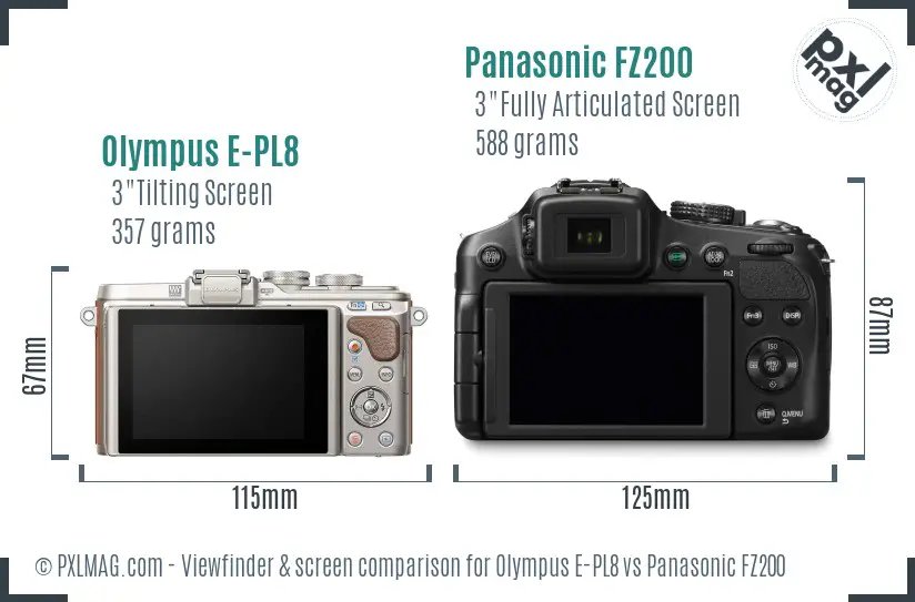 Olympus E-PL8 vs Panasonic FZ200 Screen and Viewfinder comparison