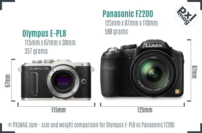 Olympus E-PL8 vs Panasonic FZ200 size comparison