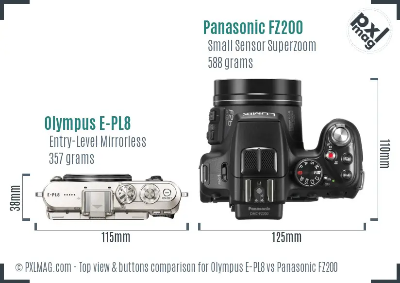 Olympus E-PL8 vs Panasonic FZ200 top view buttons comparison