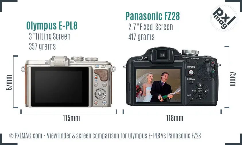 Olympus E-PL8 vs Panasonic FZ28 Screen and Viewfinder comparison