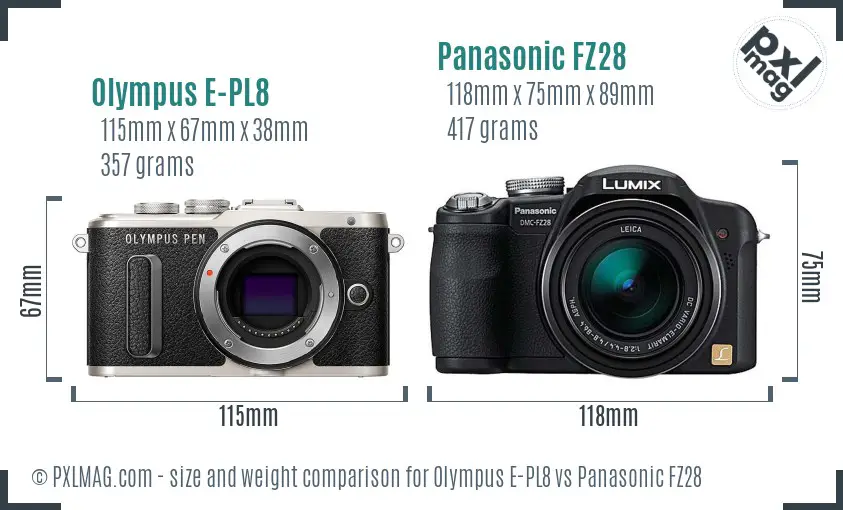 Olympus E-PL8 vs Panasonic FZ28 size comparison
