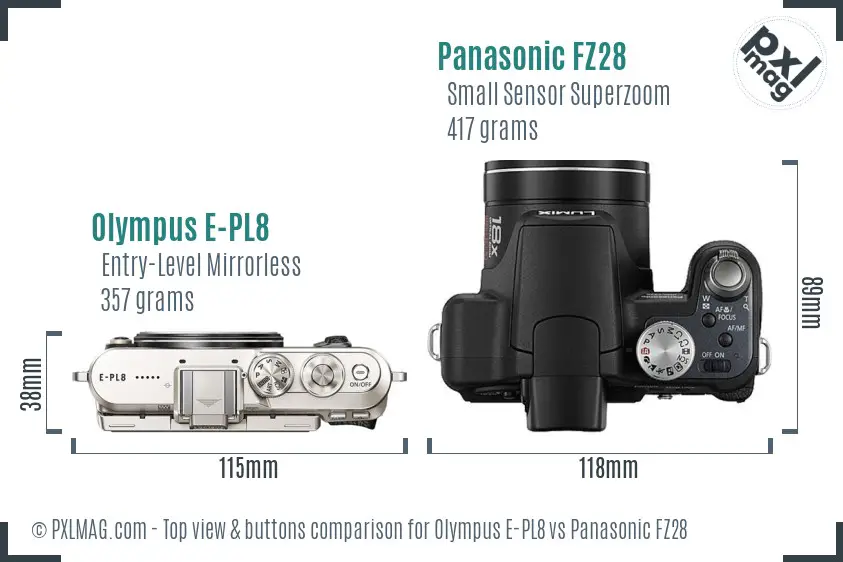 Olympus E-PL8 vs Panasonic FZ28 top view buttons comparison