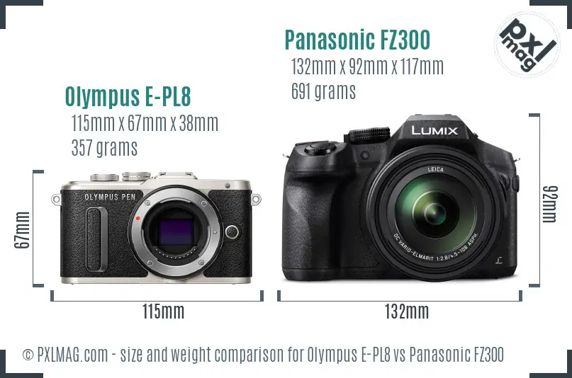 Olympus E-PL8 vs Panasonic FZ300 size comparison