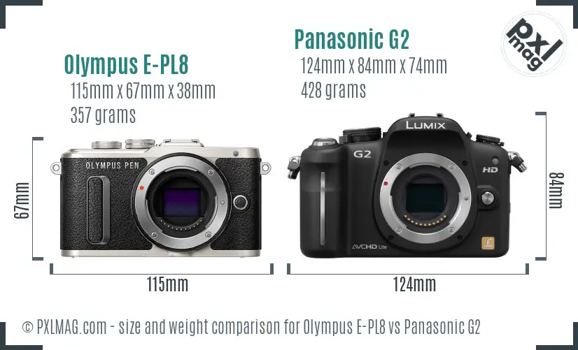Olympus E-PL8 vs Panasonic G2 size comparison