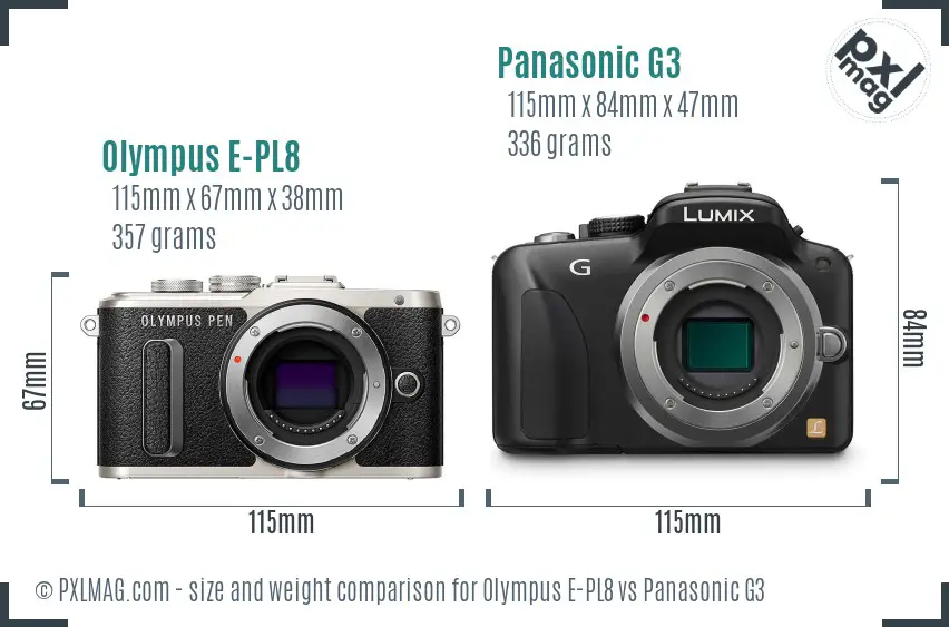 Olympus E-PL8 vs Panasonic G3 size comparison